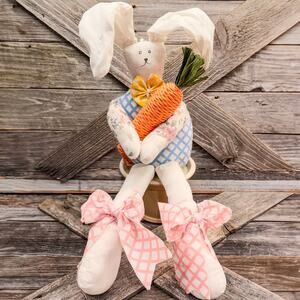 Primitive Vintage Kurt Adler Cloth Easter Bunny Holding Giant Carrot,7”/14”